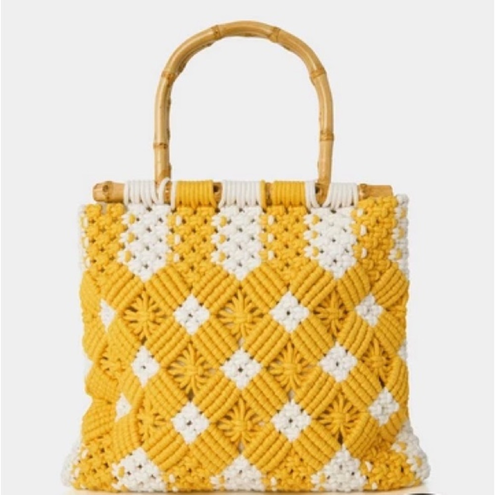 Crochet Bag in Yellow and White with Bamboo Handles. Brand new! - Picture 2 of 8